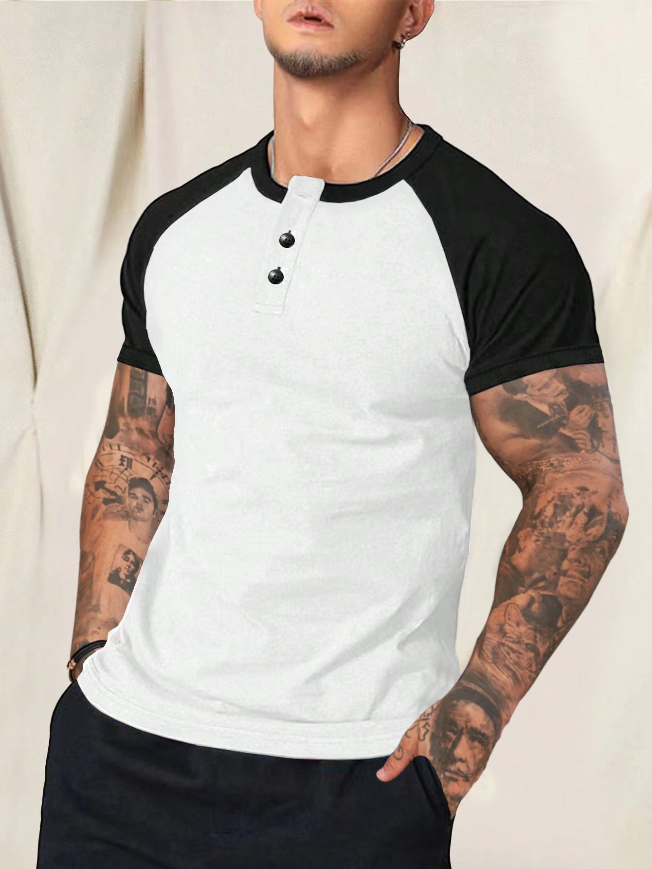 Custom Design Men's Casual Classic Short Sleeve Raglan Henley T-Shirts Baseball Shirts Tee Button T-Shirt