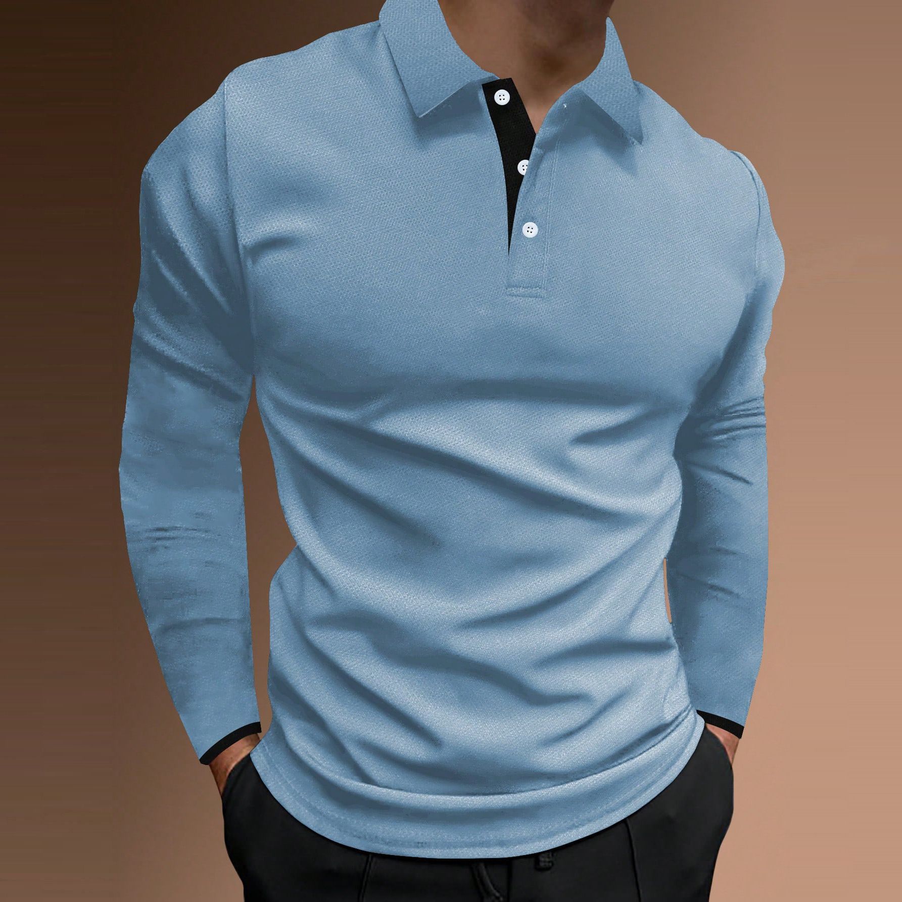 Summer Fall Sports Fitness casual stand collar stretch vertical strip long sleeve V-neck sports fitness men's POLOT-  shirt