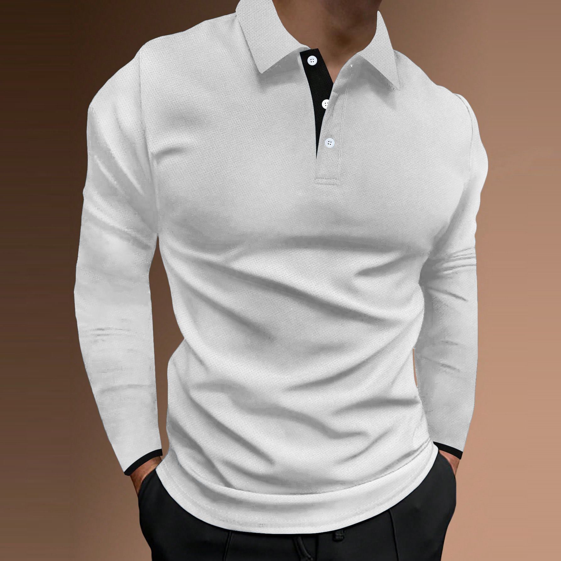 Summer Fall Sports Fitness casual stand collar stretch vertical strip long sleeve V-neck sports fitness men's POLOT-  shirt