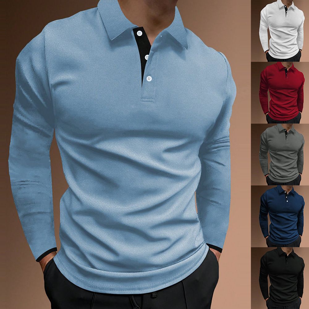Summer Fall Sports Fitness casual stand collar stretch vertical strip long sleeve V-neck sports fitness men's POLOT-  shirt