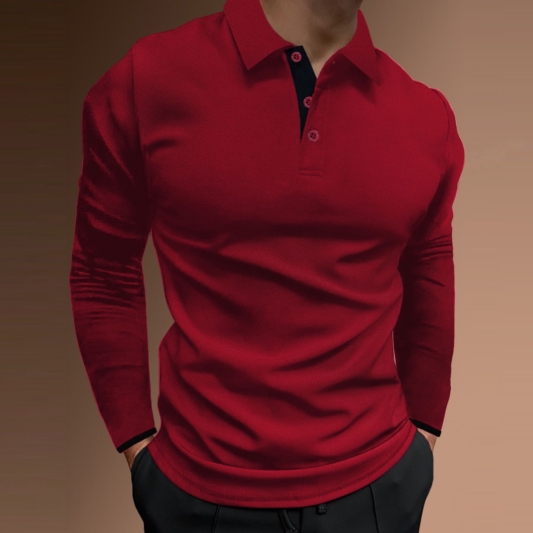 Summer Fall Sports Fitness casual stand collar stretch vertical strip long sleeve V-neck sports fitness men's POLOT-  shirt