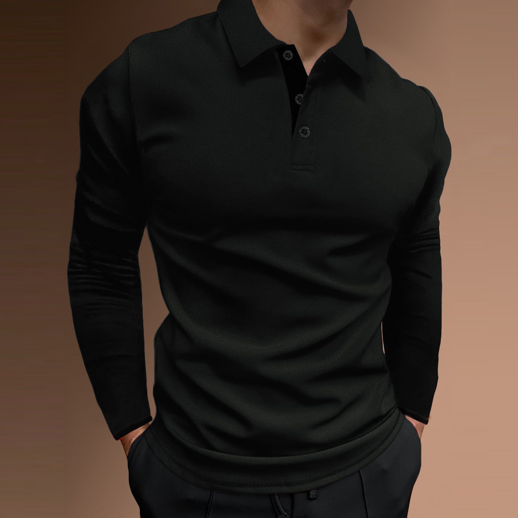 Summer Fall Sports Fitness casual stand collar stretch vertical strip long sleeve V-neck sports fitness men's POLOT-  shirt