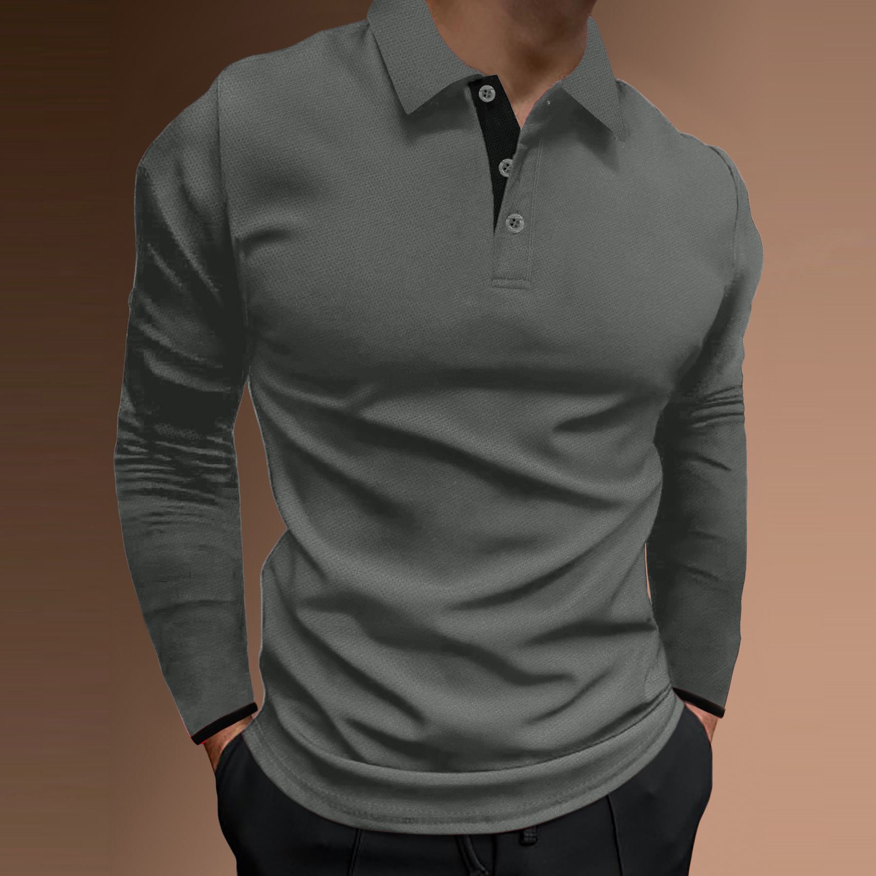 Summer Fall Sports Fitness casual stand collar stretch vertical strip long sleeve V-neck sports fitness men's POLOT-  shirt