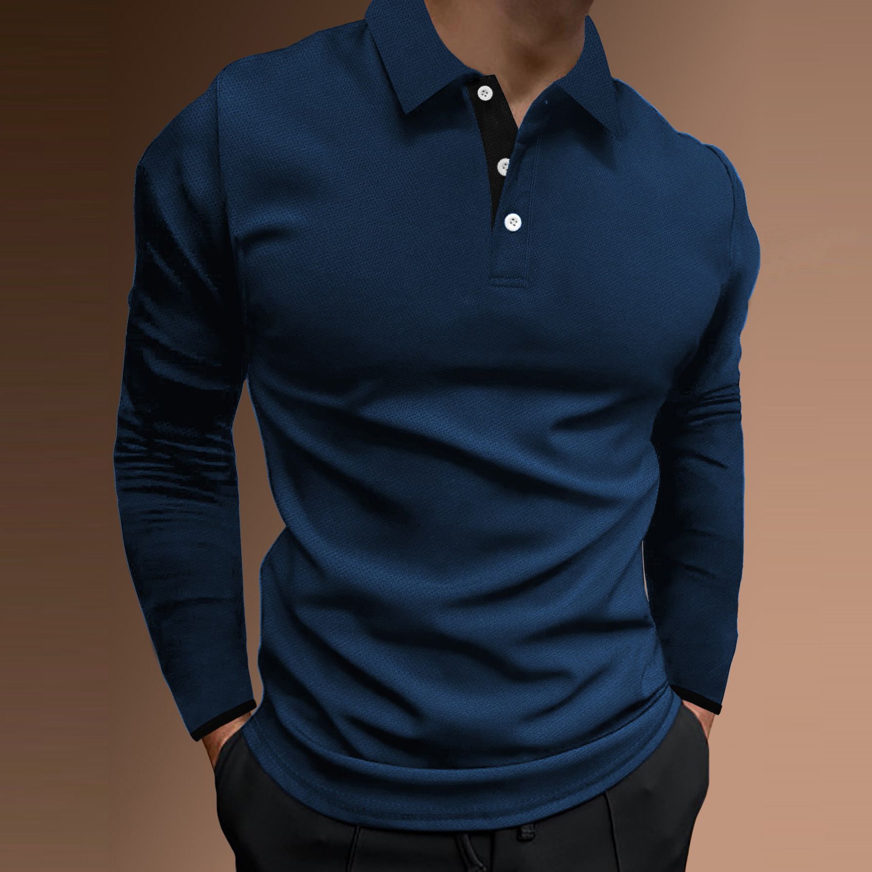 Summer Fall Sports Fitness casual stand collar stretch vertical strip long sleeve V-neck sports fitness men's POLOT-  shirt