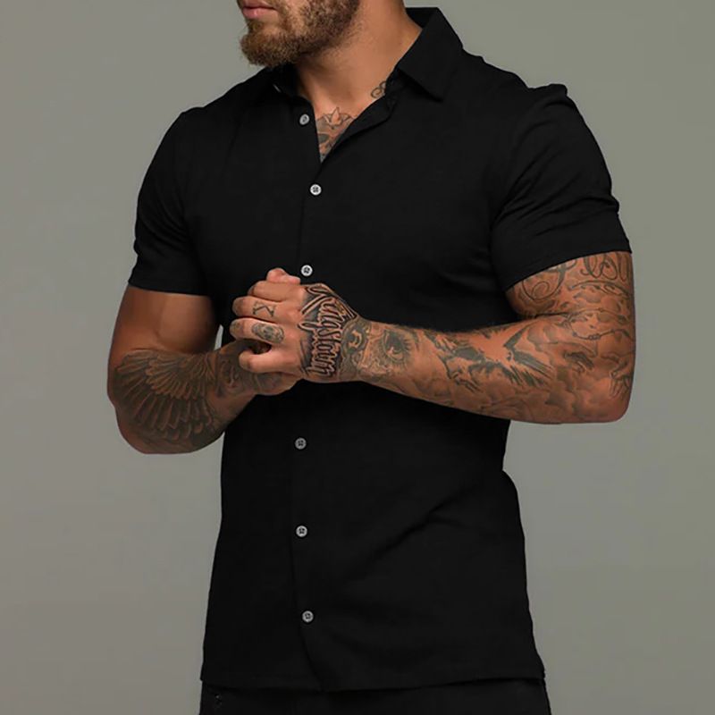 Summer Slim Fitness Short Sleeve solid color shirt Stand collar short-sleeved men's casual shirt