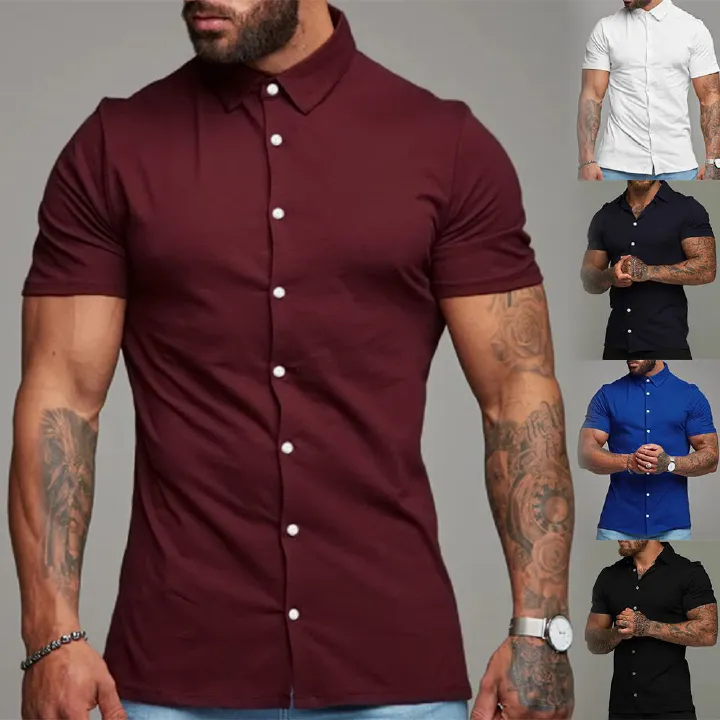 Summer Slim Fitness Short Sleeve solid color shirt Stand collar short-sleeved men's casual shirt