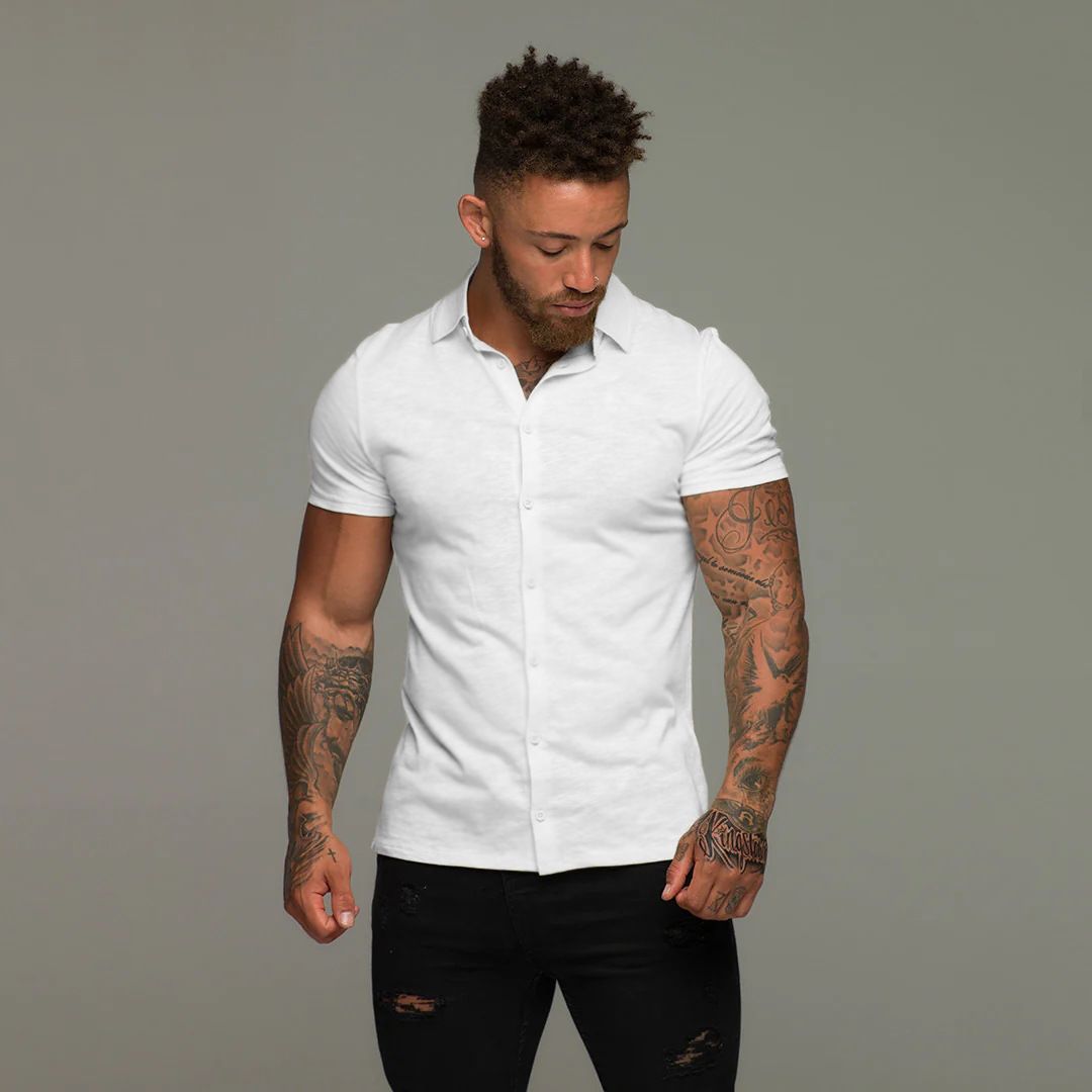 Summer Slim Fitness Short Sleeve solid color shirt Stand collar short-sleeved men's casual shirt