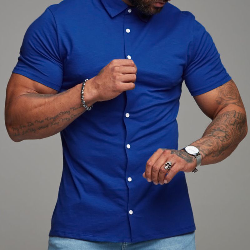 Summer Slim Fitness Short Sleeve solid color shirt Stand collar short-sleeved men's casual shirt
