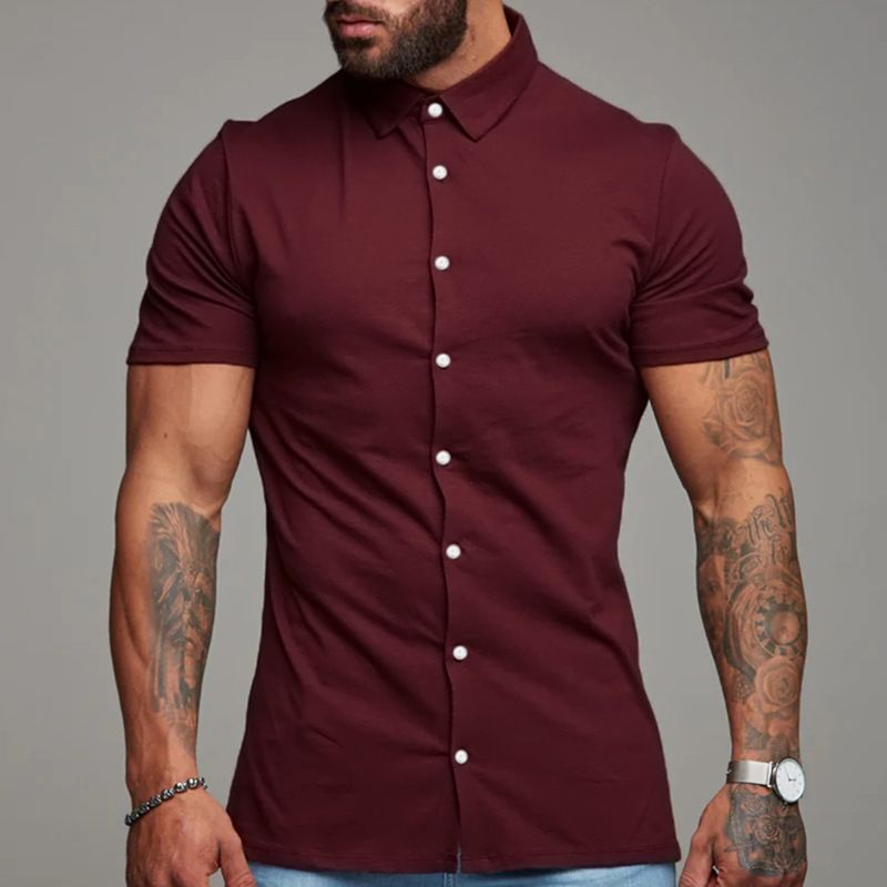 Summer Slim Fitness Short Sleeve solid color shirt Stand collar short-sleeved men's casual shirt