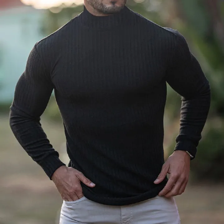 Wholesale men's long sleeve T-shirt muscle gym workout knitwear crew turtle neck men pullover T-Shirts