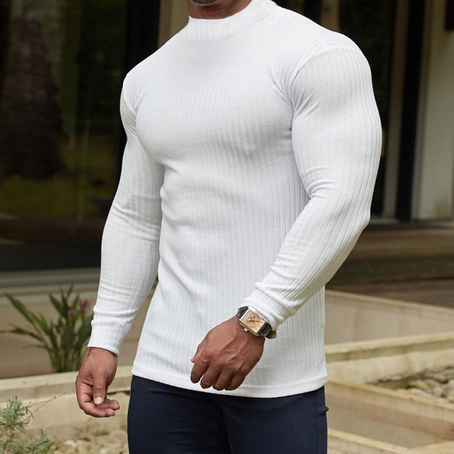 Wholesale men's long sleeve T-shirt muscle gym workout knitwear crew turtle neck men pullover T-Shirts