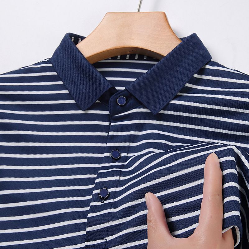 Summer high-end silk short-sleeved Polo shirt men's lapel business senior sense stripes middle-aged men's wear  T-Shirts