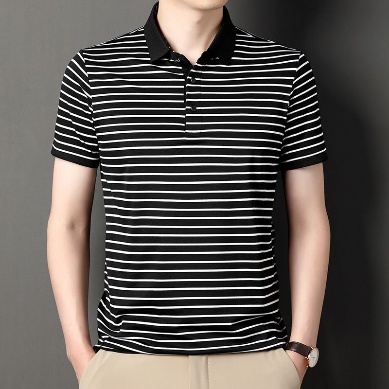 Summer high-end silk short-sleeved Polo shirt men's lapel business senior sense stripes middle-aged men's wear  T-Shirts