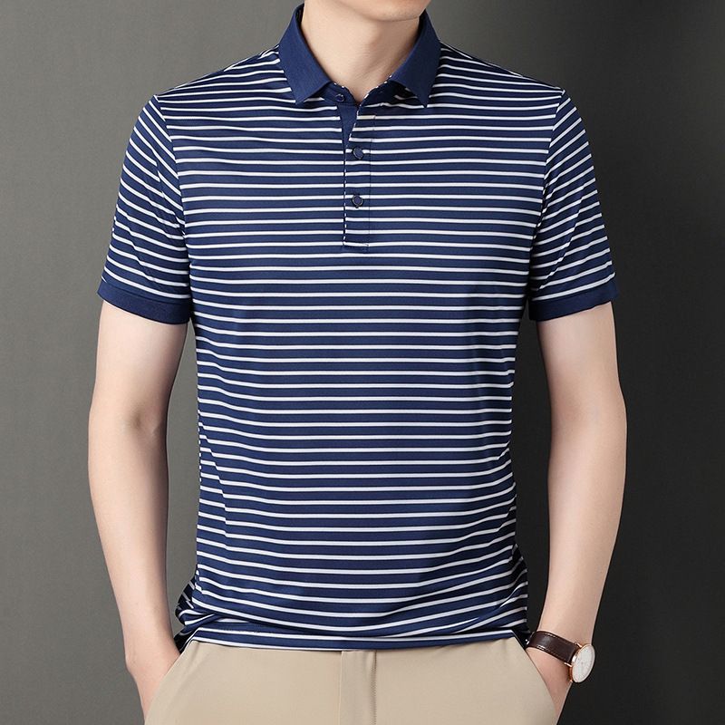 Summer high-end silk short-sleeved Polo shirt men's lapel business senior sense stripes middle-aged men's wear  T-Shirts