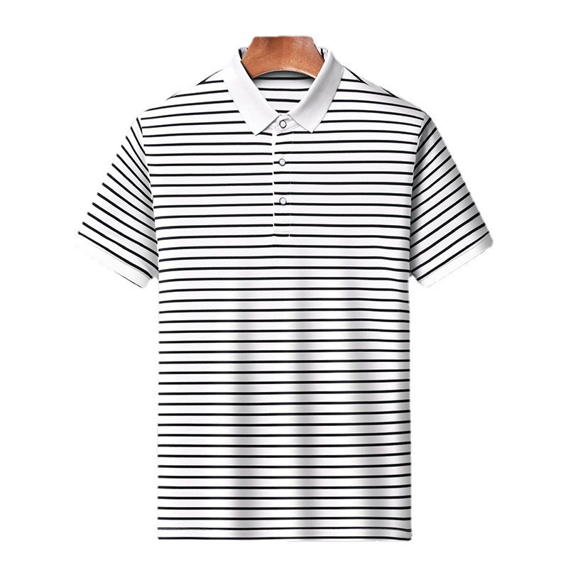 Summer high-end silk short-sleeved Polo shirt men's lapel business senior sense stripes middle-aged men's wear  T-Shirts