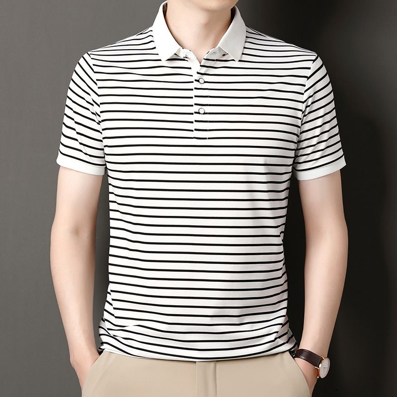 Summer high-end silk short-sleeved Polo shirt men's lapel business senior sense stripes middle-aged men's wear  T-Shirts