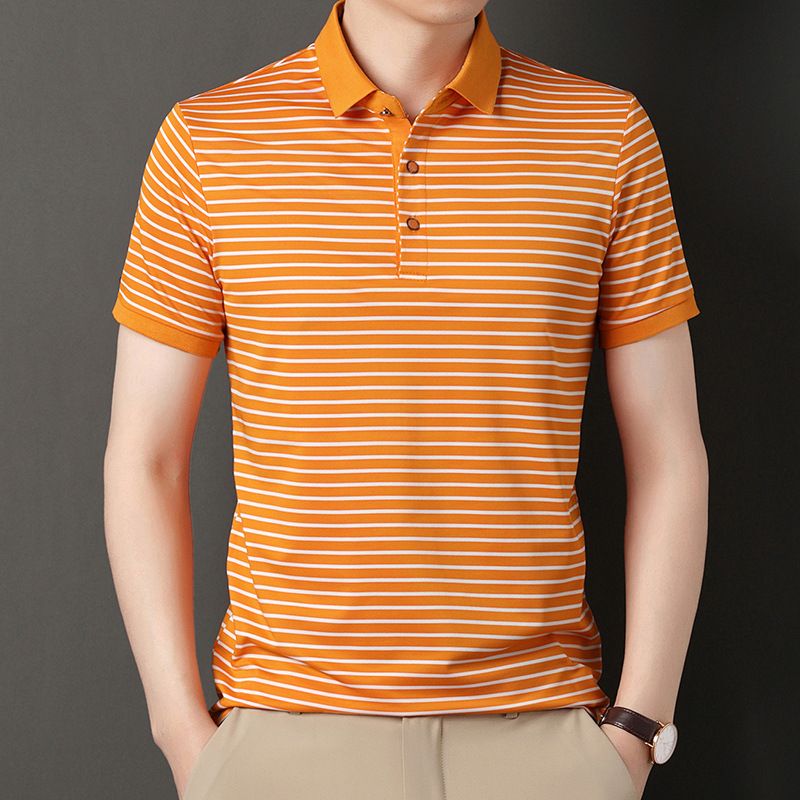 Summer high-end silk short-sleeved Polo shirt men's lapel business senior sense stripes middle-aged men's wear  T-Shirts
