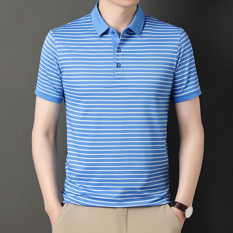 Summer high-end silk short-sleeved Polo shirt men's lapel business senior sense stripes middle-aged men's wear  T-Shirts