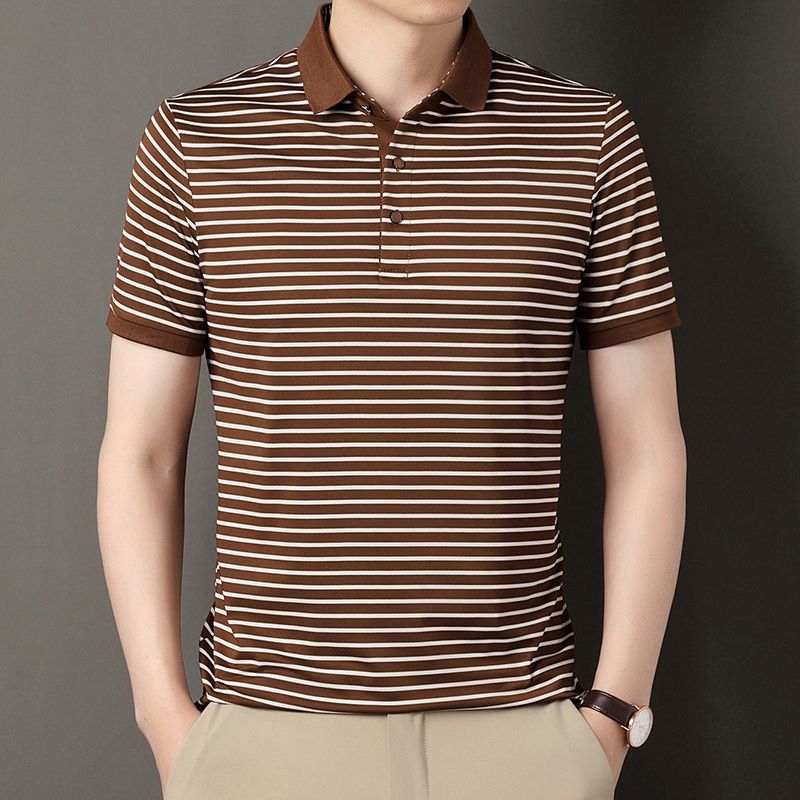 Summer high-end silk short-sleeved Polo shirt men's lapel business senior sense stripes middle-aged men's wear  T-Shirts