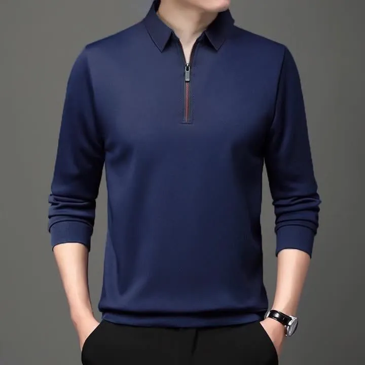Wholesale high quality solid color zipper Tshirt Mens Custom Logo Long Sleeve Plain Work Polo T-Shirts