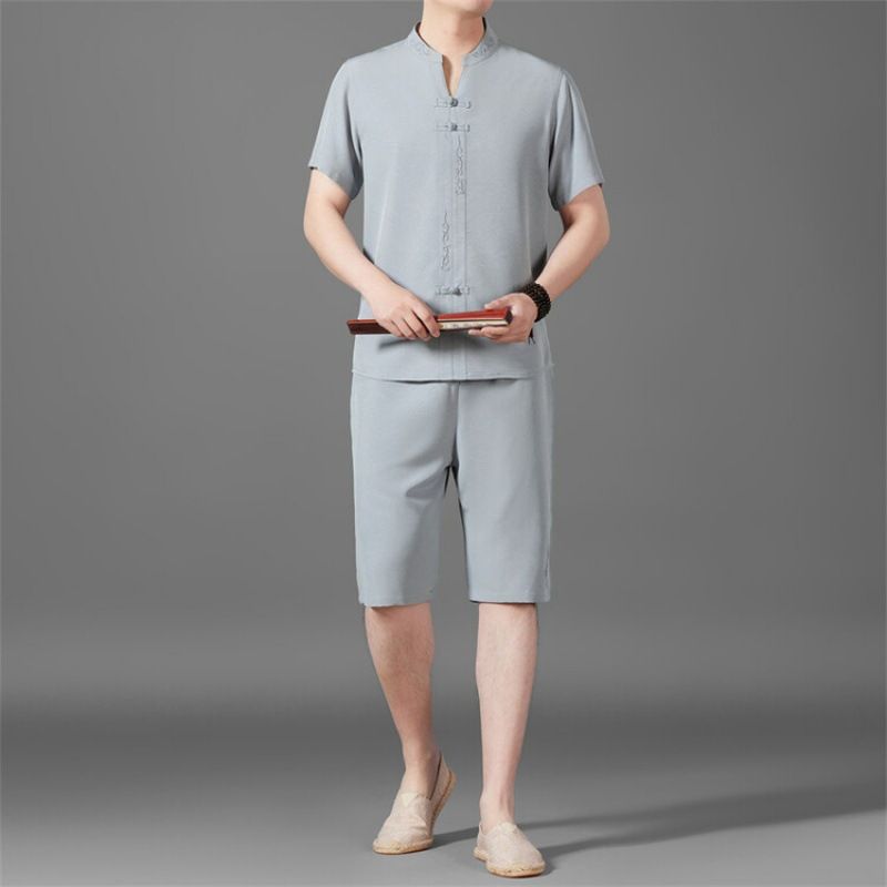 New Men's Thin Linen Suit Summer Chinese Loose Large Cotton And Linen 2 Pieces set  Two-Piece Outfits