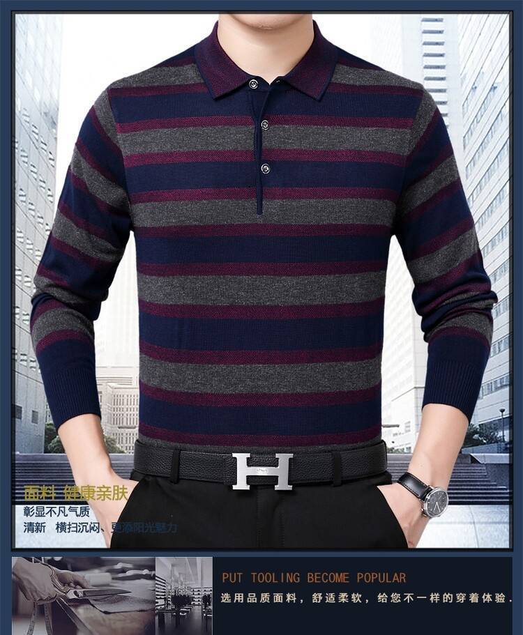 Men's Long Sleeved striped Casual Polo shirt custom 100% cotton polo shirt stripes  Sweaters