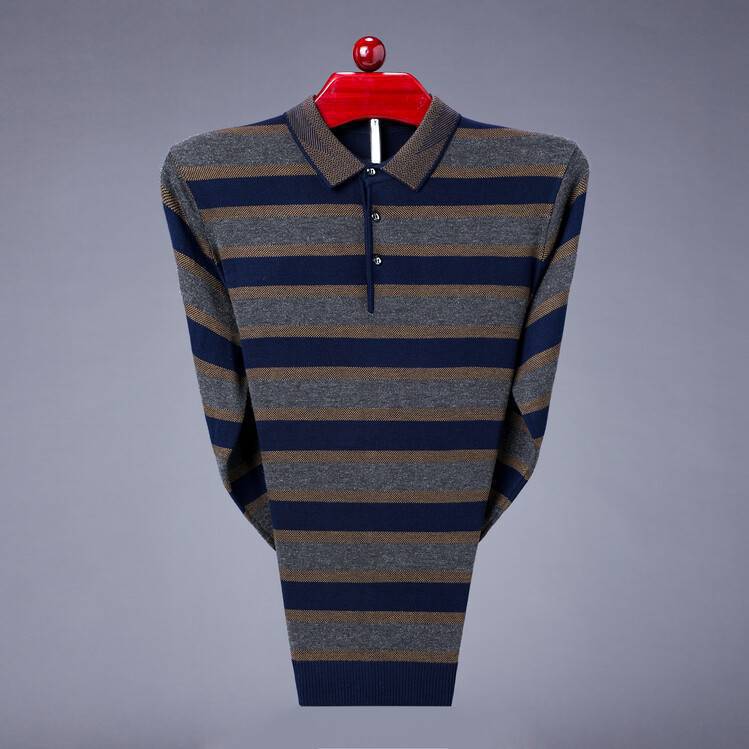 Men's Long Sleeved striped Casual Polo shirt custom 100% cotton polo shirt stripes  Sweaters