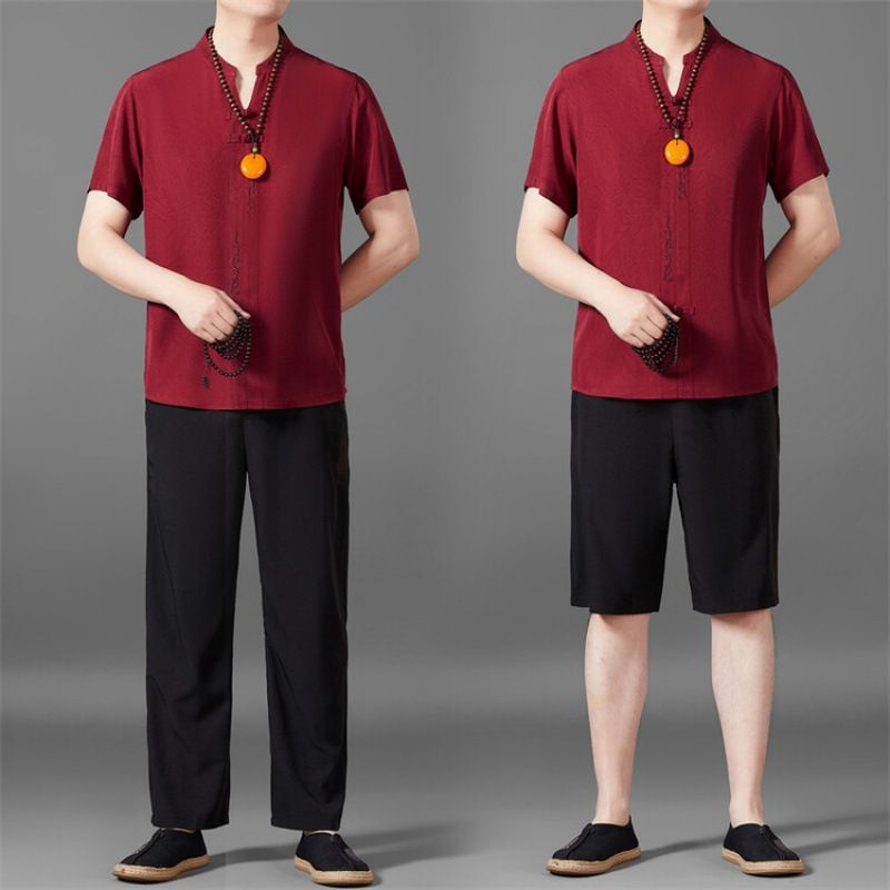 New Men's Thin Linen Suit Summer Chinese Loose Large Cotton And Linen 2 Pieces / Suit Short Sleeve Trousers 2 Pieces Set