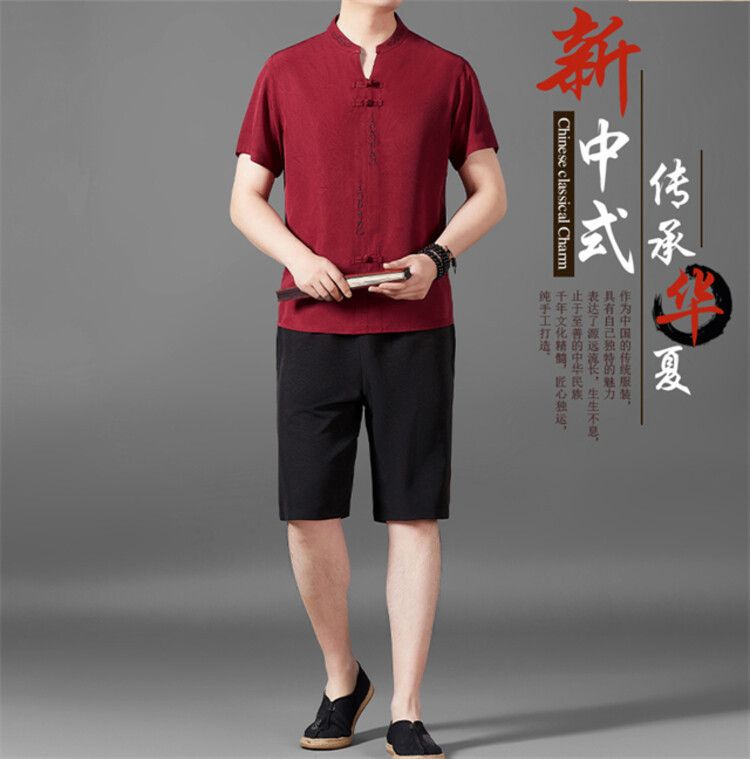 New Men's Thin Linen Suit Summer Chinese Loose Large Cotton And Linen 2 Pieces / Suit Short Sleeve Trousers 2 Pieces Set