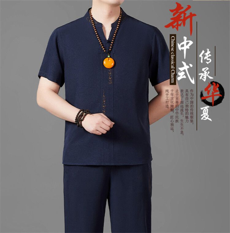 New Men's Thin Linen Suit Summer Chinese Loose Large Cotton And Linen 2 Pieces / Suit Short Sleeve Trousers 2 Pieces Set