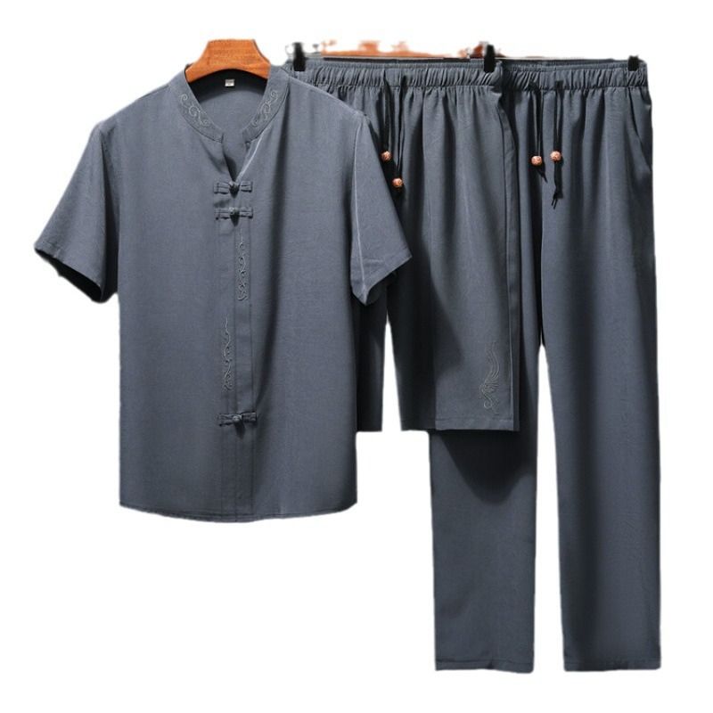 New Men's Thin Linen Suit Summer Chinese Loose Large Cotton And Linen 2 Pieces / Suit Short Sleeve Trousers 2 Pieces Set