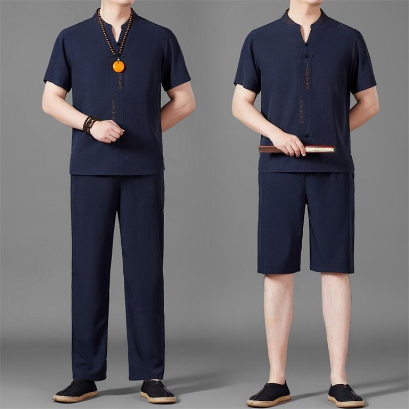 New Men's Thin Linen Suit Summer Chinese Loose Large Cotton And Linen 2 Pieces / Suit Short Sleeve Trousers 2 Pieces Set