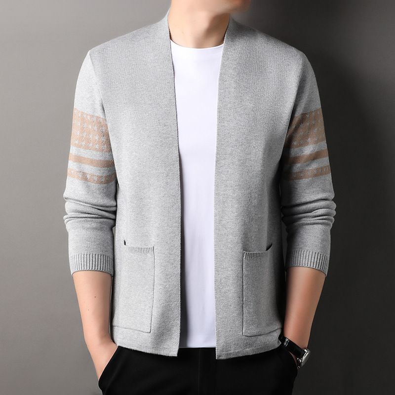 spring new arrival man's casual style long sleeve open chest slim fit stripe cashmere sweater coat