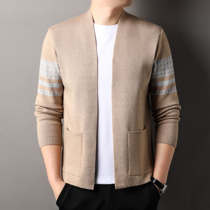 spring new arrival man's casual style long sleeve open chest slim fit stripe cashmere sweater coat