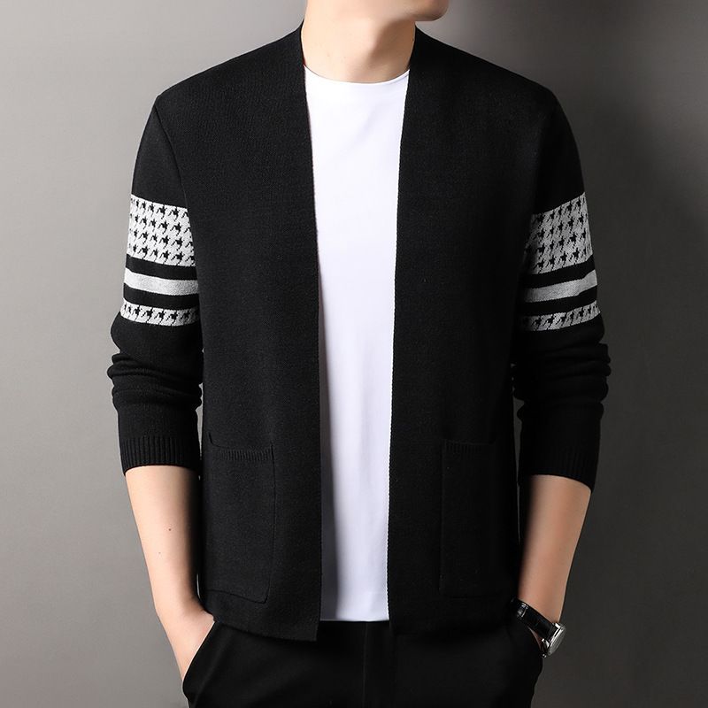 spring new arrival man's casual style long sleeve open chest slim fit stripe cashmere sweater coat