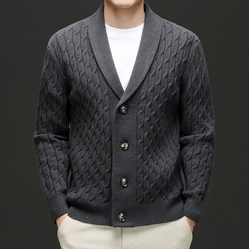 new Men's Cashmere Wool Shawl Neck Cardigan Button Down Cable Knitted wool Sweaters with Pocket Coats