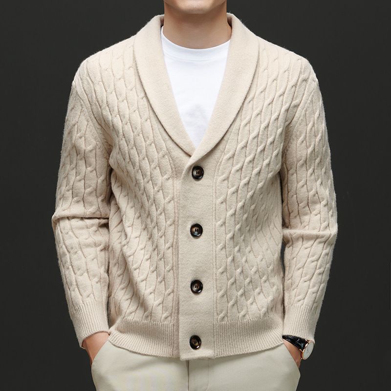 new Men's Cashmere Wool Shawl Neck Cardigan Button Down Cable Knitted wool Sweaters with Pocket Coats