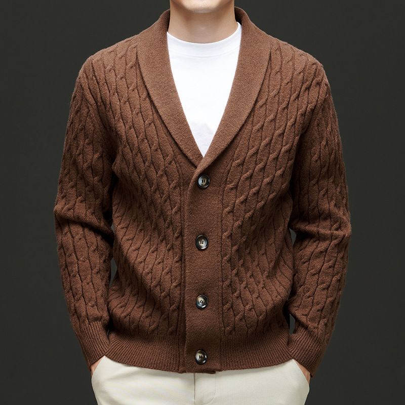 new Men's Cashmere Wool Shawl Neck Cardigan Button Down Cable Knitted wool Sweaters with Pocket Coats