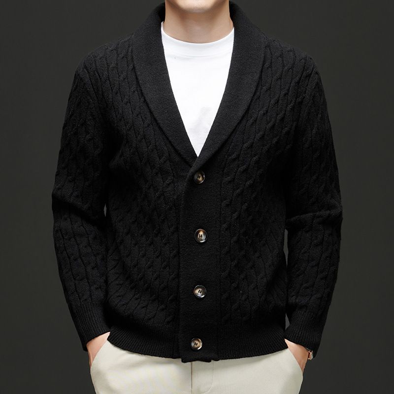 new Men's Cashmere Wool Shawl Neck Cardigan Button Down Cable Knitted wool Sweaters with Pocket Coats