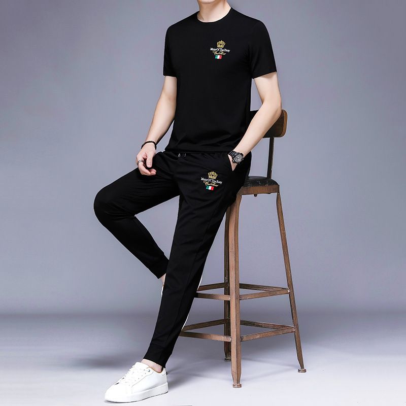 Factory hot selling summer suit track man t-shirt ice free breathable quick drying pure cotton sports men's short sleeved set Two-Piece Outfits