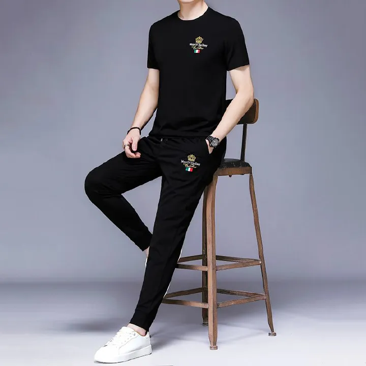 Factory hot selling summer suit track man t-shirt ice free breathable quick drying pure cotton sports men's short sleeved set Two-Piece Outfits