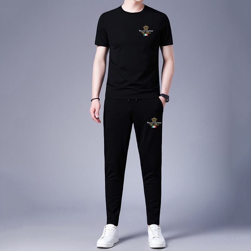 Factory hot selling summer suit track man t-shirt ice free breathable quick drying pure cotton sports men's short sleeved set Two-Piece Outfits