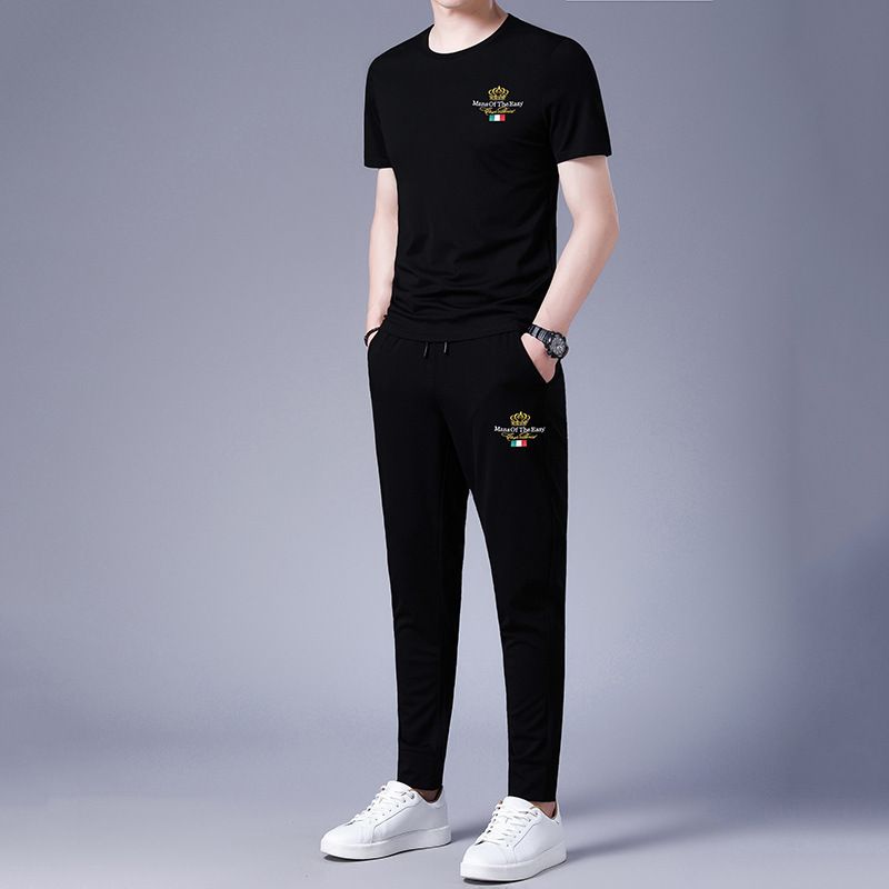 Factory hot selling summer suit track man t-shirt ice free breathable quick drying pure cotton sports men's short sleeved set Two-Piece Outfits