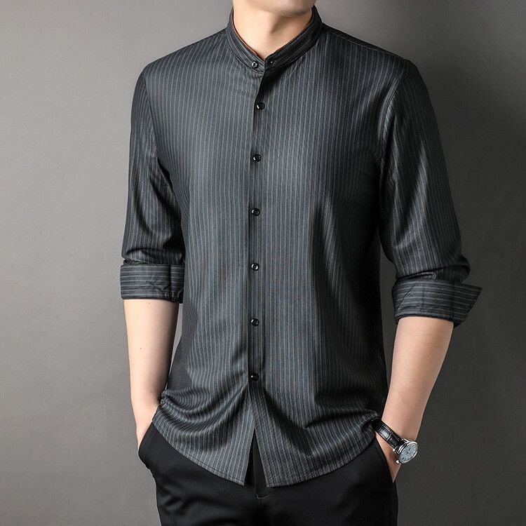 New Men's Cotton Shirt Stand Collar Long Sleeve Shirt Male Chinese Style New Cotton Linen Men's High Quality Shirt