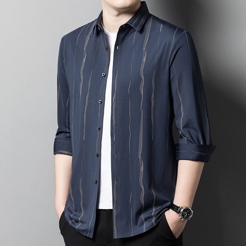 High Quality Shirts Striped Ice Silk Comfortable Slim Fit Breathable Business Slim Fit Men's Shirts