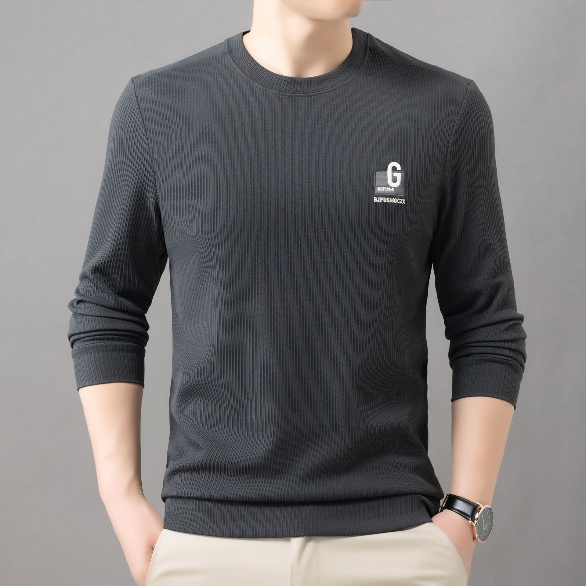 Autumn Winter Men's Warm Plush Knitted Pullover Sweater round Neck Loose Embroidered Thickened Breathable Crew Neck T-Shirts