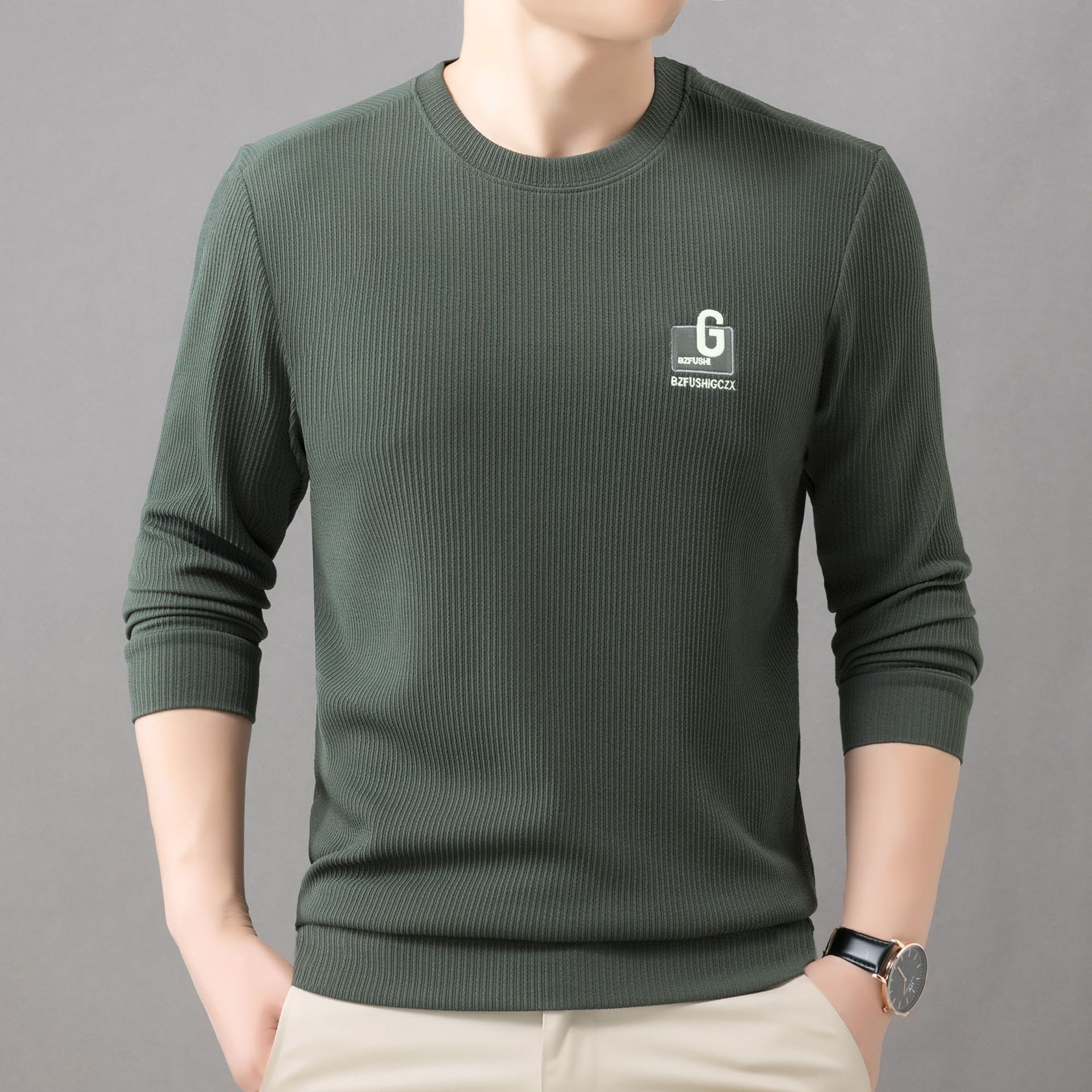 Autumn Winter Men's Warm Plush Knitted Pullover Sweater round Neck Loose Embroidered Thickened Breathable Crew Neck T-Shirts