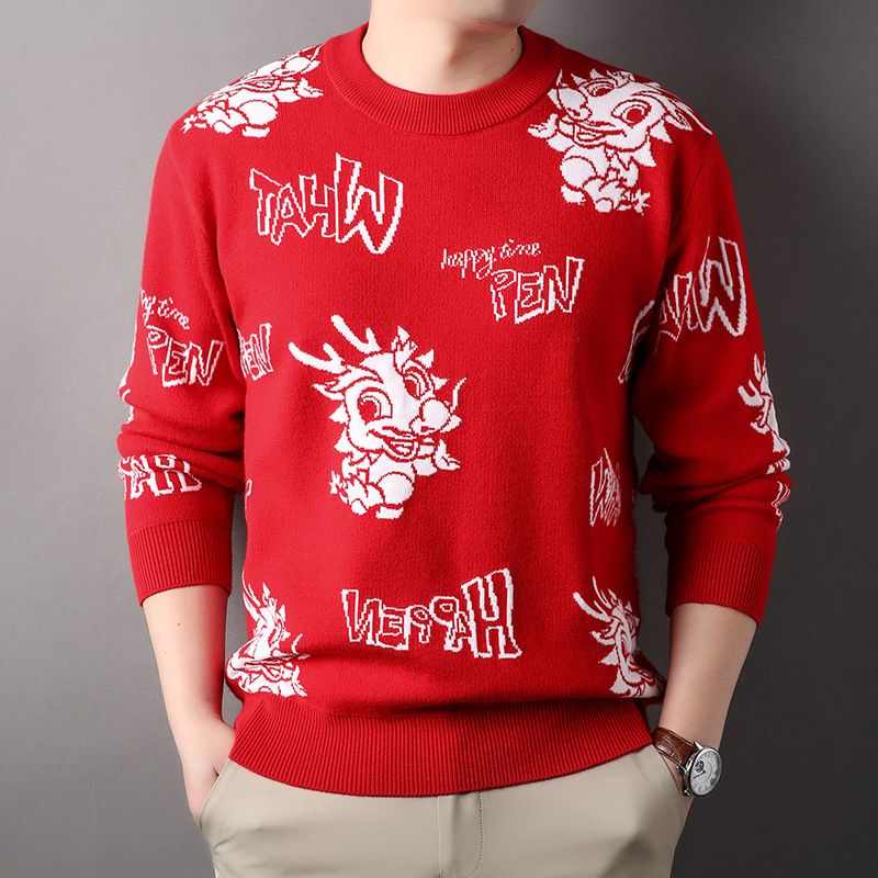 Chinese-Style Dragon Jacquard Pullover Red Anti-Shrink and Anti-Wrinkle Knitted Winter Sweater with O-Neck Pattern  Sweaters