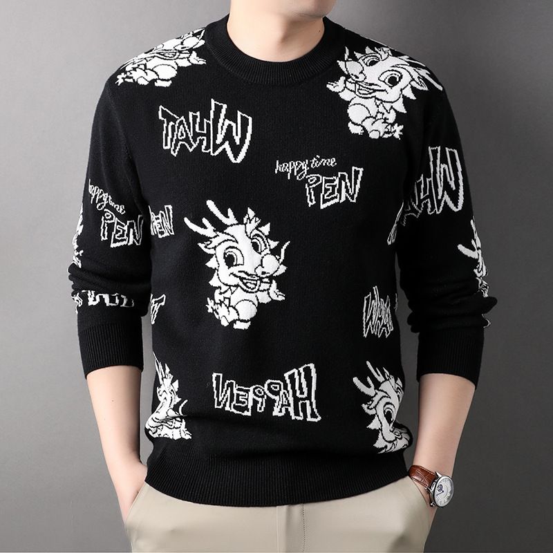Chinese-Style Dragon Jacquard Pullover Red Anti-Shrink and Anti-Wrinkle Knitted Winter Sweater with O-Neck Pattern  Sweaters