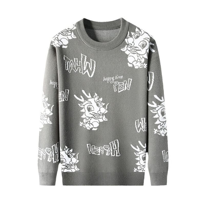 Chinese-Style Dragon Jacquard Pullover Red Anti-Shrink and Anti-Wrinkle Knitted Winter Sweater with O-Neck Pattern  Sweaters